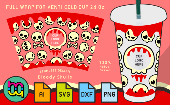 24oz Cold Cup Full Wrap Bloody Skulls: Graphics & Print Templates