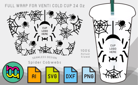 24oz Cold Cup Wrap Black Spider Cobwebs: Graphics and Print Templates