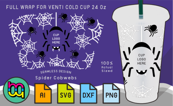 24oz Cold Cup Wrap White Spider Cobwebs Graphics