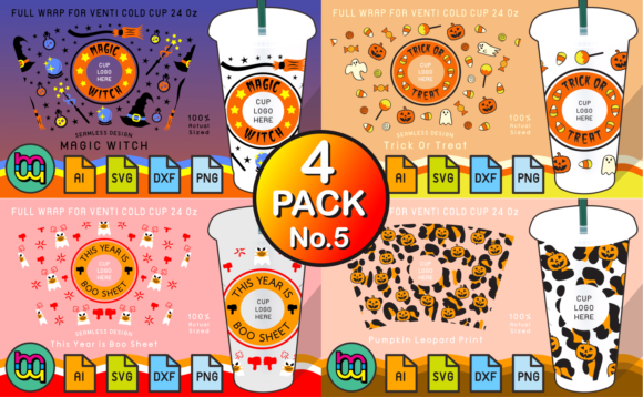 4 Pack 5 Halloween 24oz Cold Cup Wraps: Graphics & Print Templates